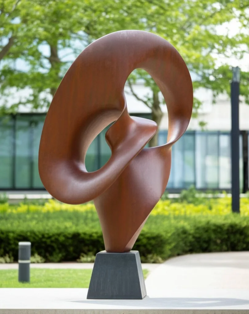 Large brown brone sculpture on black base in a modern house garden.