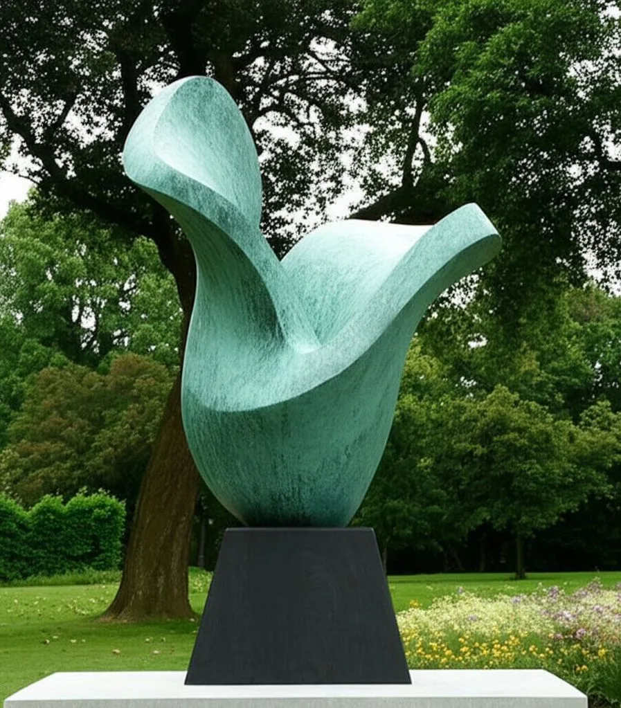 Large blue patina bronze sculpture outdoors in a park.