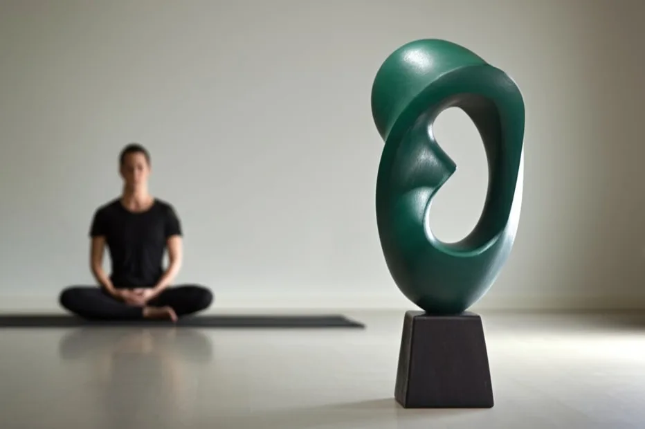 Sculpture inside meditation room with person meditating.