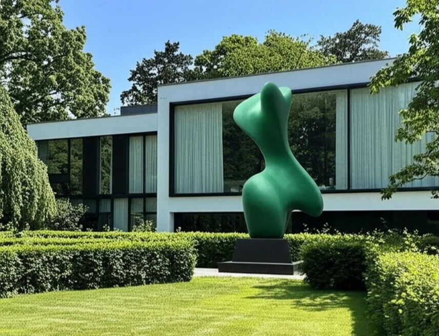 Large green patina bronze sculpture outdoors