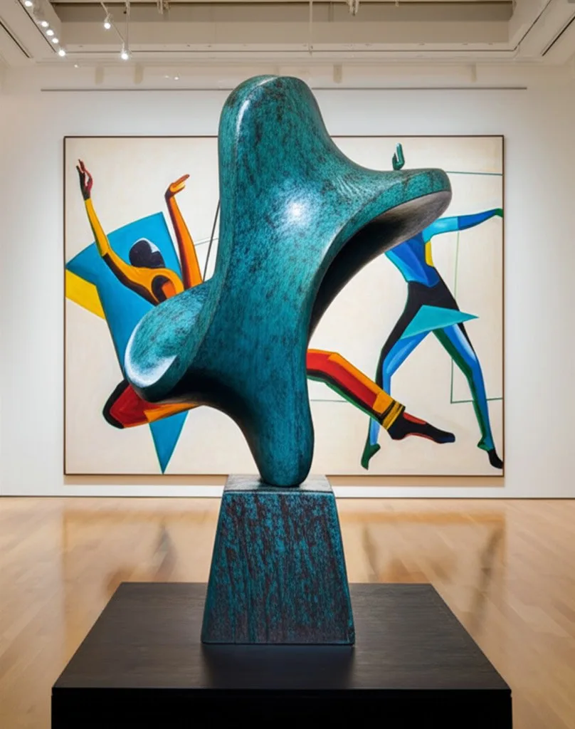 Large blue patina bronze sculpture in gallery room with abstract painting.