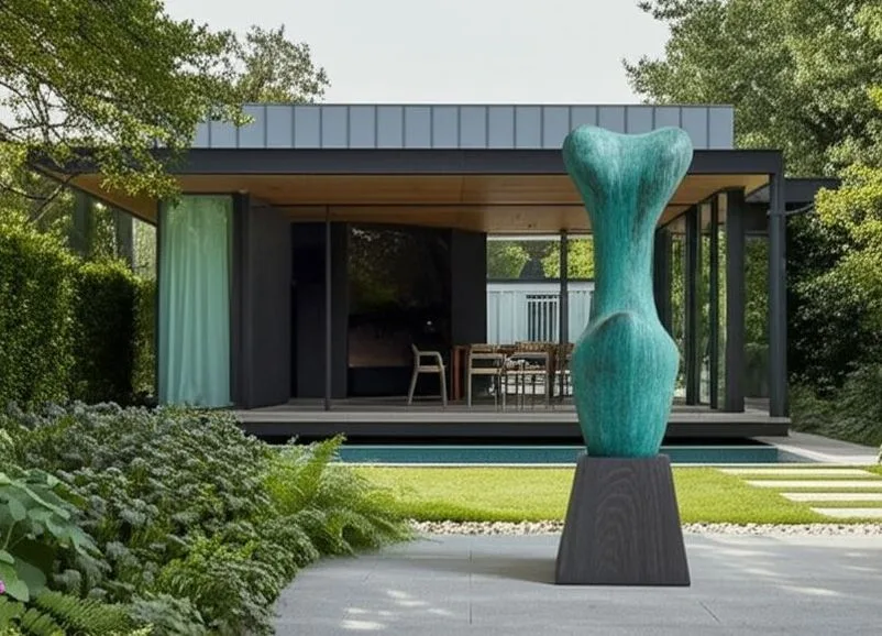 Large blue patina bronze sculpture in front of modern house.