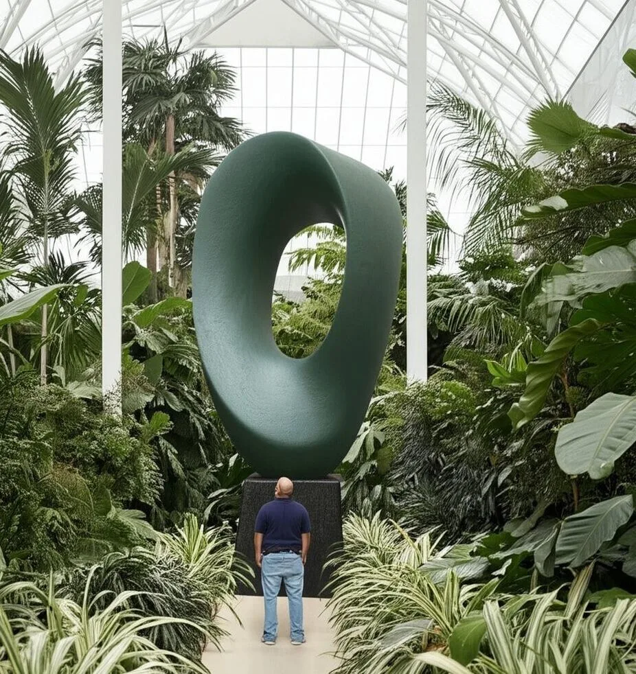 Large sculpture in botanical room with person looking up at it.