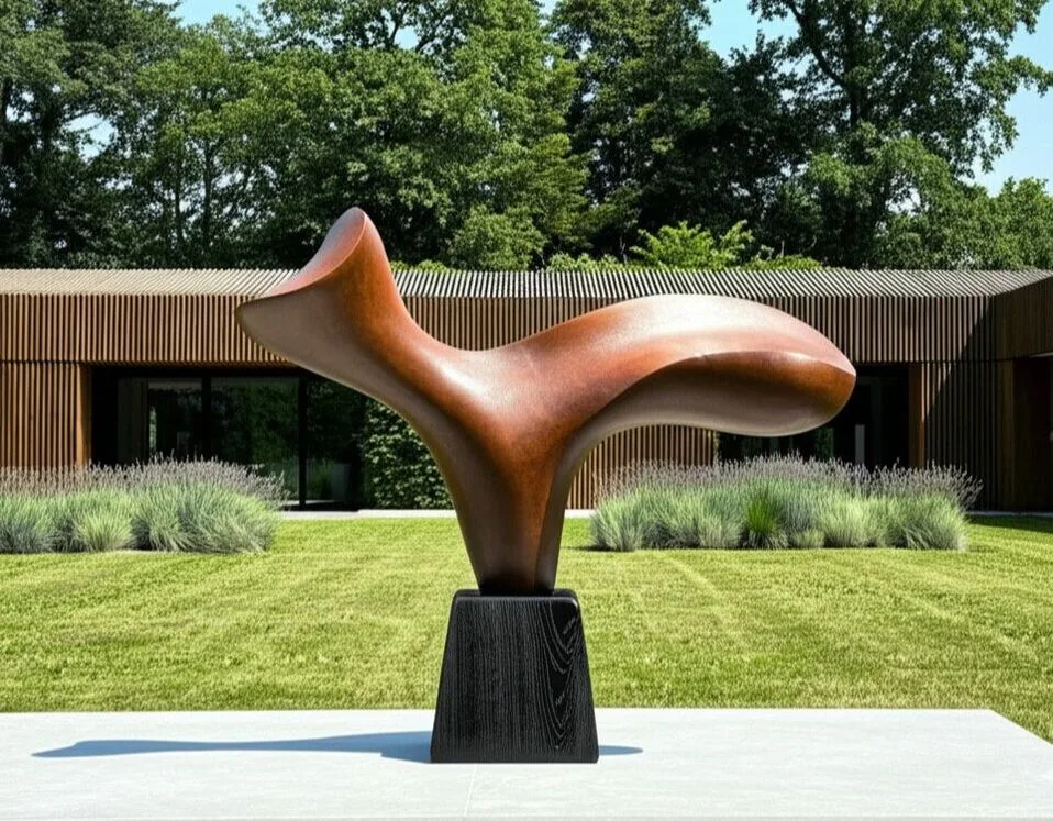 Large brown patina bronze sculpture in front of modern house.
