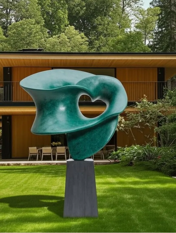 Large green patina sculpture in front of modern house.