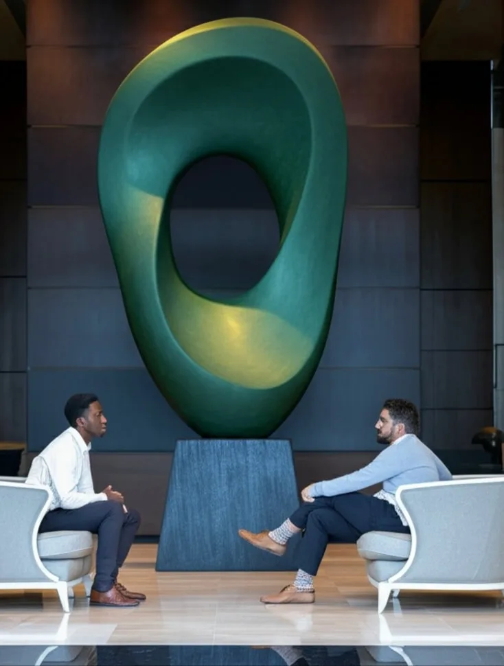 Large sculpture inside lobby with people in conversation.