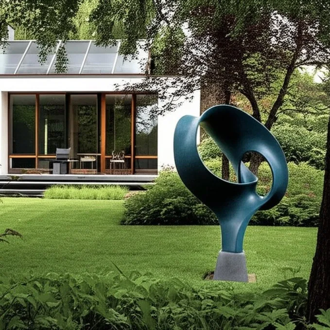 Large blue bronze sculpture in a modern house garden.